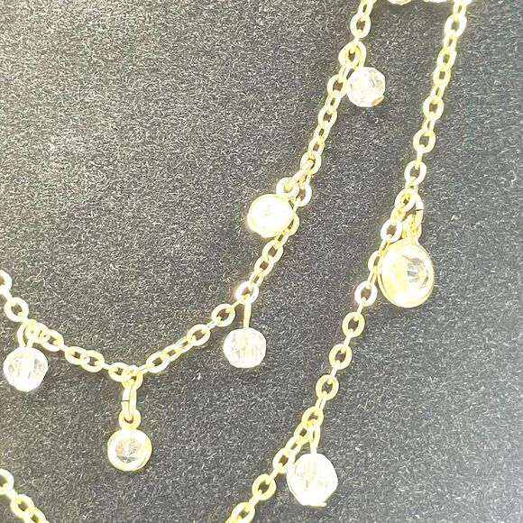 AVON signed Necklace Double Strand Chain Crystal Dangles Gold Tone Sparkle Bling - Picture 9 of 16